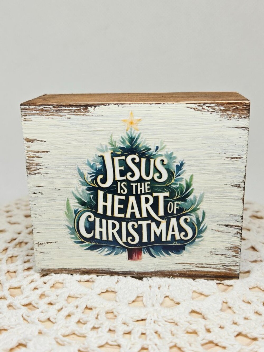 Handcrafted Shelf Sitter, Tiered Tray Decor "Jesus Is The Heart of Christmas"